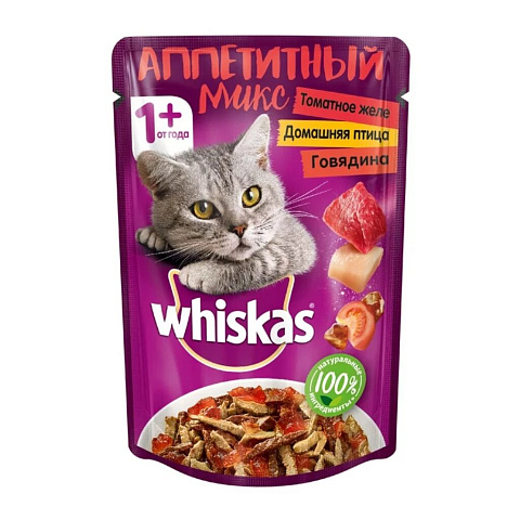 Корм для животных Whiskas, 85 г, для взрослых кошек 1+, кусочки в желе, говядина/птица в томате, пауч, 10188855