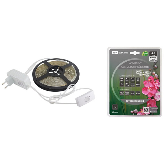 Лента светодиодная SMD 2835, 60 светодиодов/метр, 12 В, 4.8 Вт, IP65, 5 м, 24 Вт, TDM Electric, SQ0331-0232