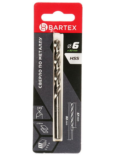 Сверло по металлу, Bartex, HSSM2, диаметр 6х57х93 мм, блистер, KF101015