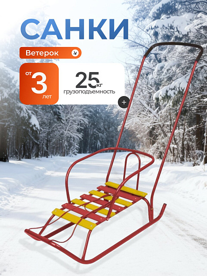 Санки Ветерок, В2/К2, металлическая спинка, ручка, красные, Nika