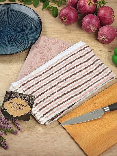 Набор полотенец кухонных 2 шт, 30х50 см, махровый, 100% хлопок, 420 г/м2, Barkas, Розы, розово-бежевый, Узбекистан