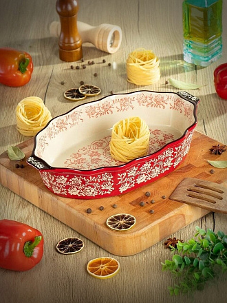 Форма для запекания керамика, 39.7х25.2х7.7 см, 3.2 л, фигурная, Ветви на красном, Y6-10303