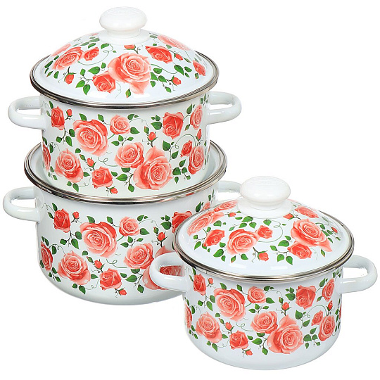 Набор посуды эмалированная сталь, 6 предметов, кастрюли 2,3,4 л, индукция, Сибирские товары, Роза плетистая 15, N15B88