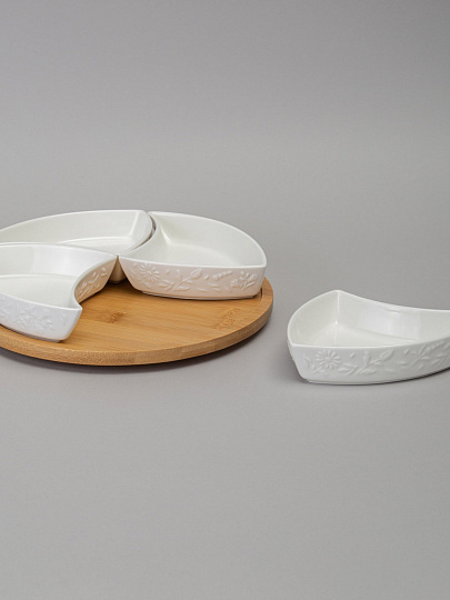 Менажница фарфор, 25х5.5 см, 4 секции, деревянная подставка, Lefard, Flowers Story, 474-248