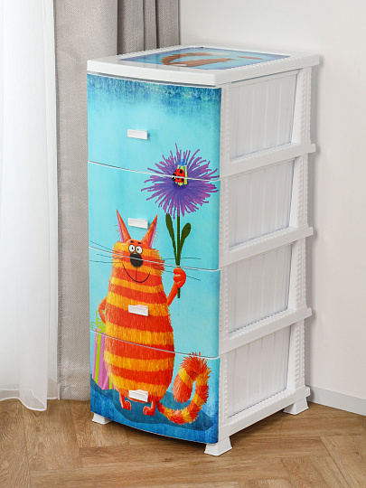 Комод детский 4 ящика, Кот, 38х47х98 см, белый, Росспласт, РП-451