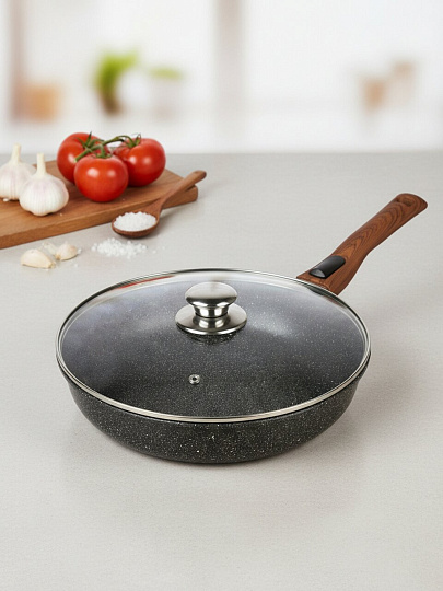 Сотейник алюминий, 28 см, антипригарное покрытие, Гардарика, Мегалит Гранит X6, 1028-18-01-10, с крышкой, съемная ручка