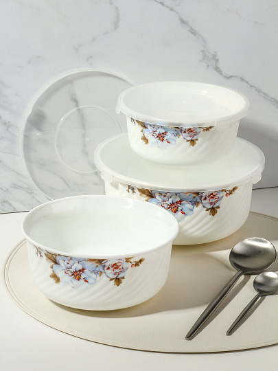 Салатник стеклокерамика, круглый, 3 шт, 9 см, 19, 16, 14 см, 0.5, 0.8, 1.4 л, с крышкой, Орлеан, Daniks, BY14HDW-3-T36