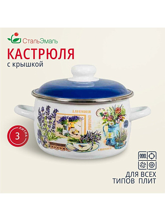 Кастрюля эмалированная сталь, 3 л, крышка сталь, сферический, СтальЭмаль, Горная лаванда, 6RC181M, индукция