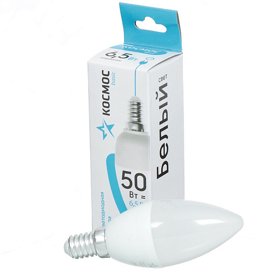 Лампа светодиодная E14, 6.5 Вт, 50 Вт, свеча, 4500 К, нейтральный белый свет, Космос, Basic, LkecLED6.5wCNE1444