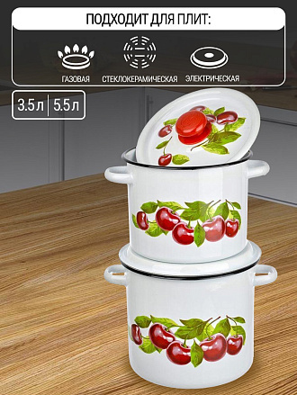 Набор посуды эмалированная сталь, 4 предмета, кастрюли 3.5, 5.5 л, Сибирские товары, Вишневый сад 20, N20B55