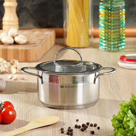 Кастрюля нержавеющая сталь, 1.8 л, крышка стекло, Daniks, Бонн, GS-01319-16CA, индукция