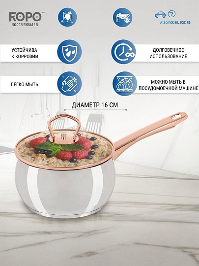 Ковш нержавеющая сталь, 1.8 л, крышка стекло, ручка нержавеющая сталь, индукция, Daniks, Карлин, GS-01332G-16S