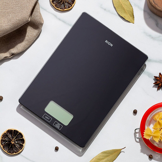 Весы кухонные электронные, стекло, Rion, точность 1 г, до 5 кг, LCD-дисплей, черные, PT-212