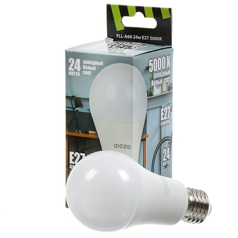 Лампа светодиодная E27, 24 Вт, 230 В, 5000 К, свет холодный белый, ФАZА, FLL- A60