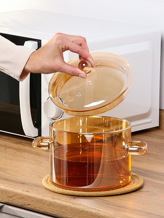 Кастрюля стекло, 1.9 л, крышка стекло, для СВЧ, духовок и электрических плит, B150078, мед