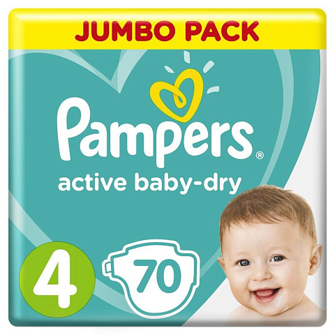 Подгузники детские Pampers, Active Baby Dry Maxi, р. 4, 9 - 14 кг, 70 шт, унисекс