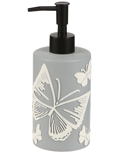 Дозатор для жидкого мыла для ванной и кухни, Бабочки на сером, полистоун, 7.5х7.5х12.3/18.4 см, ручная роспись, серый, BRE0878AA-LD