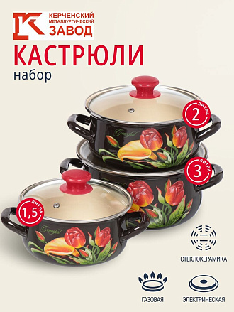 Набор посуды эмалированная сталь, 6 предметов, кастрюли 1.5,2,3 л, МП, Керченский металлургический завод, Грациозный-Экстра