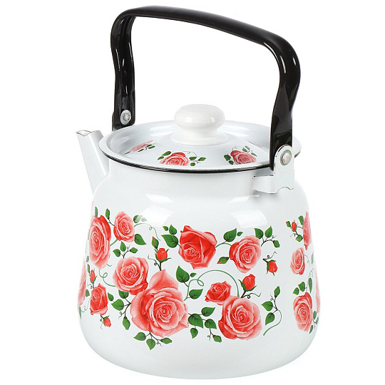Чайник сталь, эмалированное покрытие, 3.5 л, с кнопкой, Сибирские товары, Роза плетистая, белый, С2716.37*88