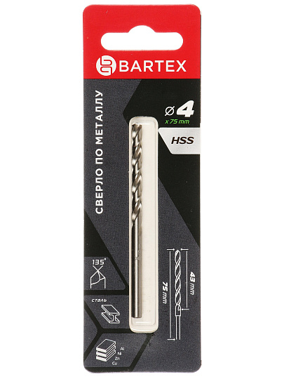 Сверло по металлу, Bartex, HSSM2, диаметр 4х43х75 мм, блистер, KF101010