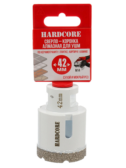 Коронка алмазная, по керамограниту, Hardcore, М14, диаметр 42 мм, для УШМ, 155042