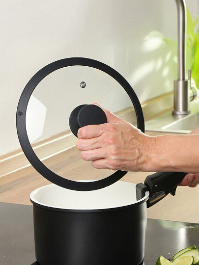 Крышка для посуды стекло, 18 см, Daniks, черная, с силиконовым ободом, HA18B