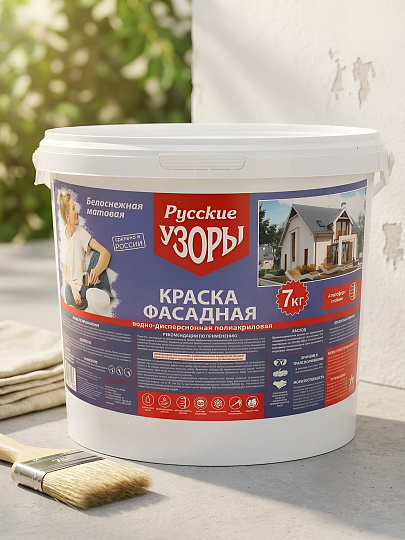 Краска водно-дисперсионная, Русские узоры, полиакриловая, фасадная, матовая, белоснежная, 7 кг