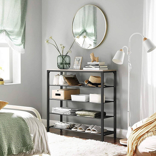 Полка для обуви, ДСП+сталь, 5 секций, 100х30х92.5 см, с сетчатыми полками, Лофт, LBS015B02