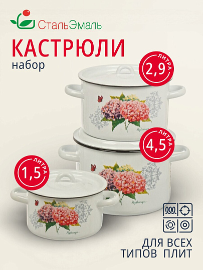 Набор посуды эмалированная сталь, 3 предмета, кастрюли 1.5, 2.9, 4.5 л, индукция, СтальЭмаль, Розовая гортензия, 1с33