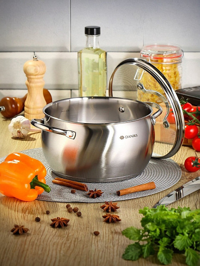Кастрюля нержавеющая сталь, 6.5 л, крышка стекло, Daniks, Эмилия, CW-W075-24, индукция