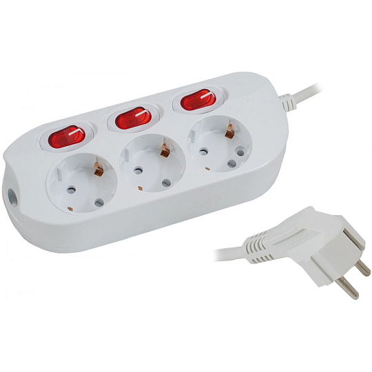 Удлинитель бытовой 3 гнезда, 1.5 м, 3х1 мм², с заземлением, выключатель, с индивидуальными кнопками, Старт, S 3x1-ZDIV