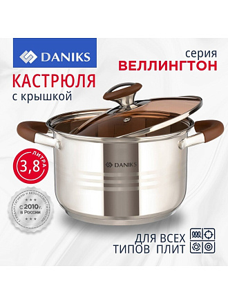 Кастрюля нержавеющая сталь, 3.8 л, крышка стекло, Daniks, Веллингтон, GS-01415-20CA, индукция