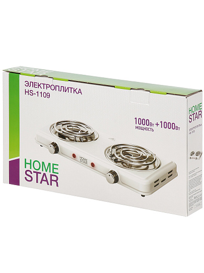 Плита электрическая Homestar, HS-1109, 2000 Вт, 2 конфорки, спираль, эмаль, механическая, переключатель поворотный, белая