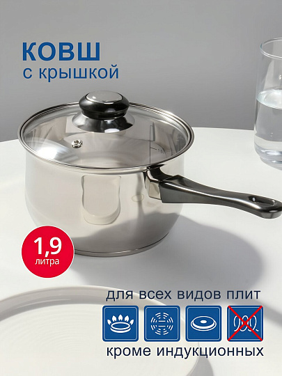 Ковш нержавеющая сталь, 1.9 л, крышка стекло, бакелитовая ручка, DNN1, SD-A19-16S