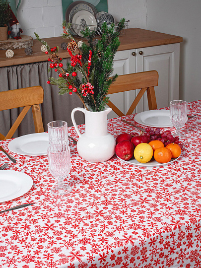 Клеенка 1.4х20 м, хлопок, с акриловым покрытием, Снежинки RED, 3261