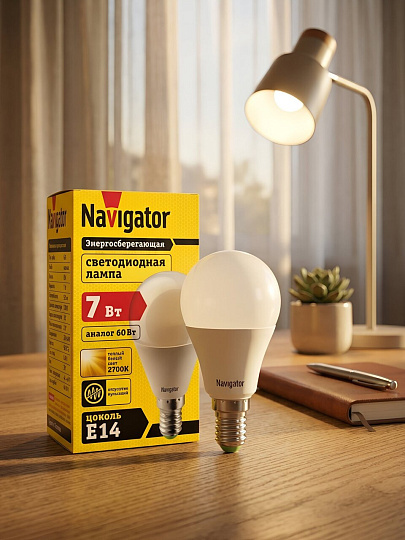Лампа светодиодная E14, 7 Вт, 60 Вт, шар, 2700 К, теплый белый свет, Navigator, 94466