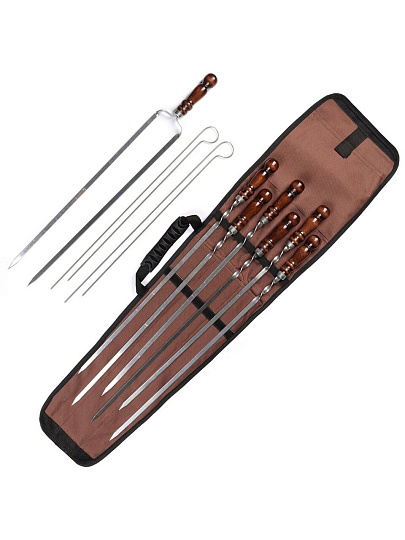 Шампур лезвие плоское, 6 шт, 630х450х10х3 мм, нержавеющая сталь, рукоятка лакированое дерево, колчан однотонный, 2К-499