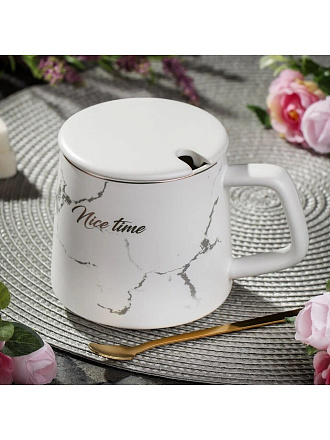 Кружка керамика, 450 мл, Отличный день, с крышкой, с ложкой, Y6-10125