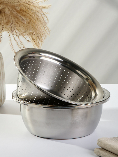 Набор салатник и дуршлаг нержавеющая сталь, круглый, 26х11 см, Y4-8686