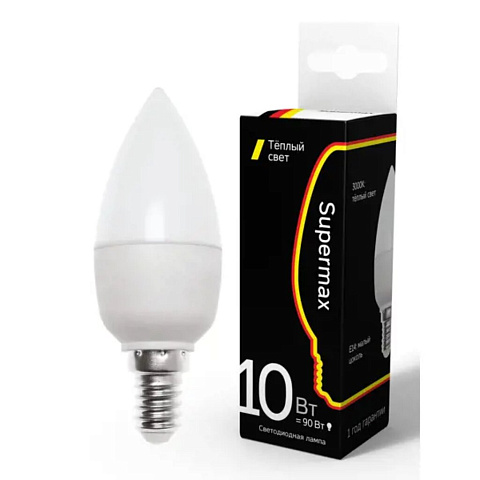 Лампа светодиодная E14, 10 Вт, 90 Вт, свеча, 3000 К, свет теплый белый, Supermax