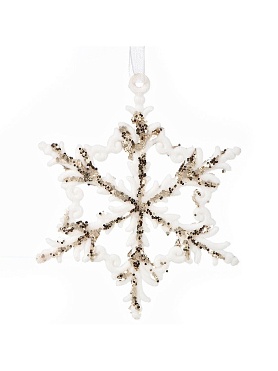 Елочное украшение Снежинка, белый с золотом, 11 см, пластик, флок, Y4-9383