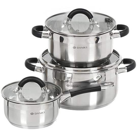 Набор посуды нержавеющая сталь, 6 предметов, кастрюли 1.6л, 3.1л, 5.4л, индукция, Daniks, Турин, GS-01413-6PC