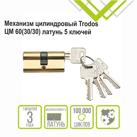 Личинка замка двери Trodos, ЦМ, 209208, 60 мм, золото, блистер, 5 ключей