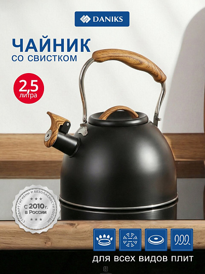 Чайник нержавеющая сталь, 2.5 л, со свистком, матовый, ручка с покрытием, нейлон, Daniks, индукция, GS-04415B
