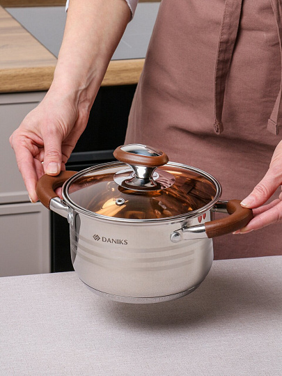 Кастрюля нержавеющая сталь, 2 л, крышка стекло, Daniks, Веллингтон, GS-01415-16CA, серебристая, индукция