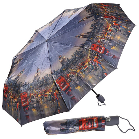 Зонт для женщин, суперавтомат, 3 сложения, 9 спиц, RainDrops, сатин, в ассортименте, 794