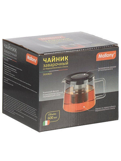 Чайник заварочный стекло, 0.6 л, с ситечком, Mallony, Skandi, 910124