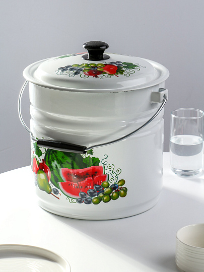 Ведро сталь, эмалированное, 12 л, с крышкой, белое, цельноштампованное, Керченский металлургический завод, Восточные дары, 41204-242/6-У2