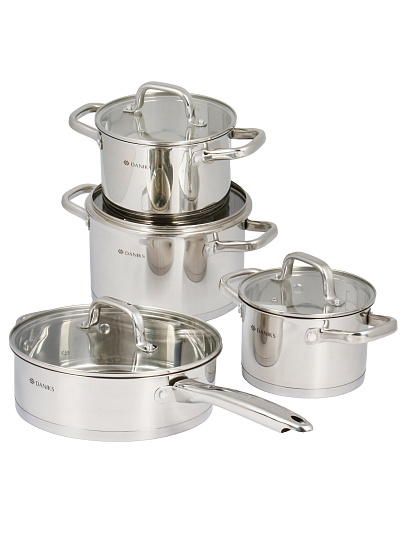 Набор посуды нерж, 8 пр, кастрюли 2.1,2.9,5.1 л, сковорода 3.1 л, индукц, Daniks, Рейн