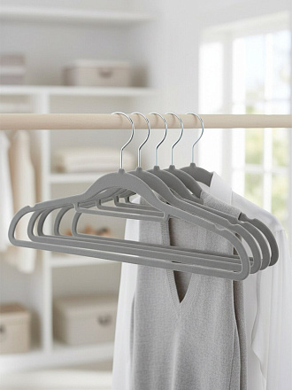 Вешалка-плечики для одежды, 42 см, пластик, 5 шт, резиновое покрытие, серая, Рыжий кот, 110886